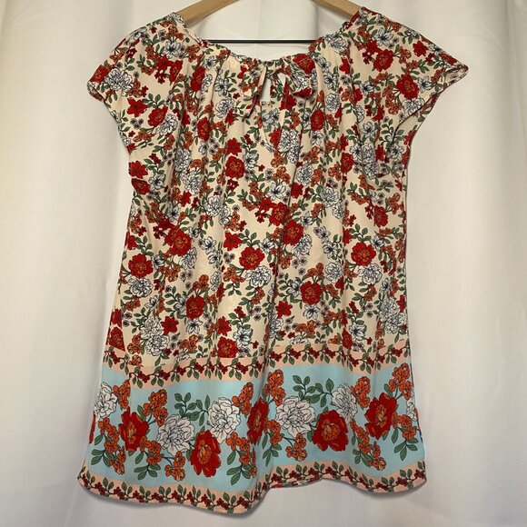LC Lauren Conrad Floral Tie Back Womens L Shirt Pink Red Blue Pleated Neck EUC - Picture 2 of 9
